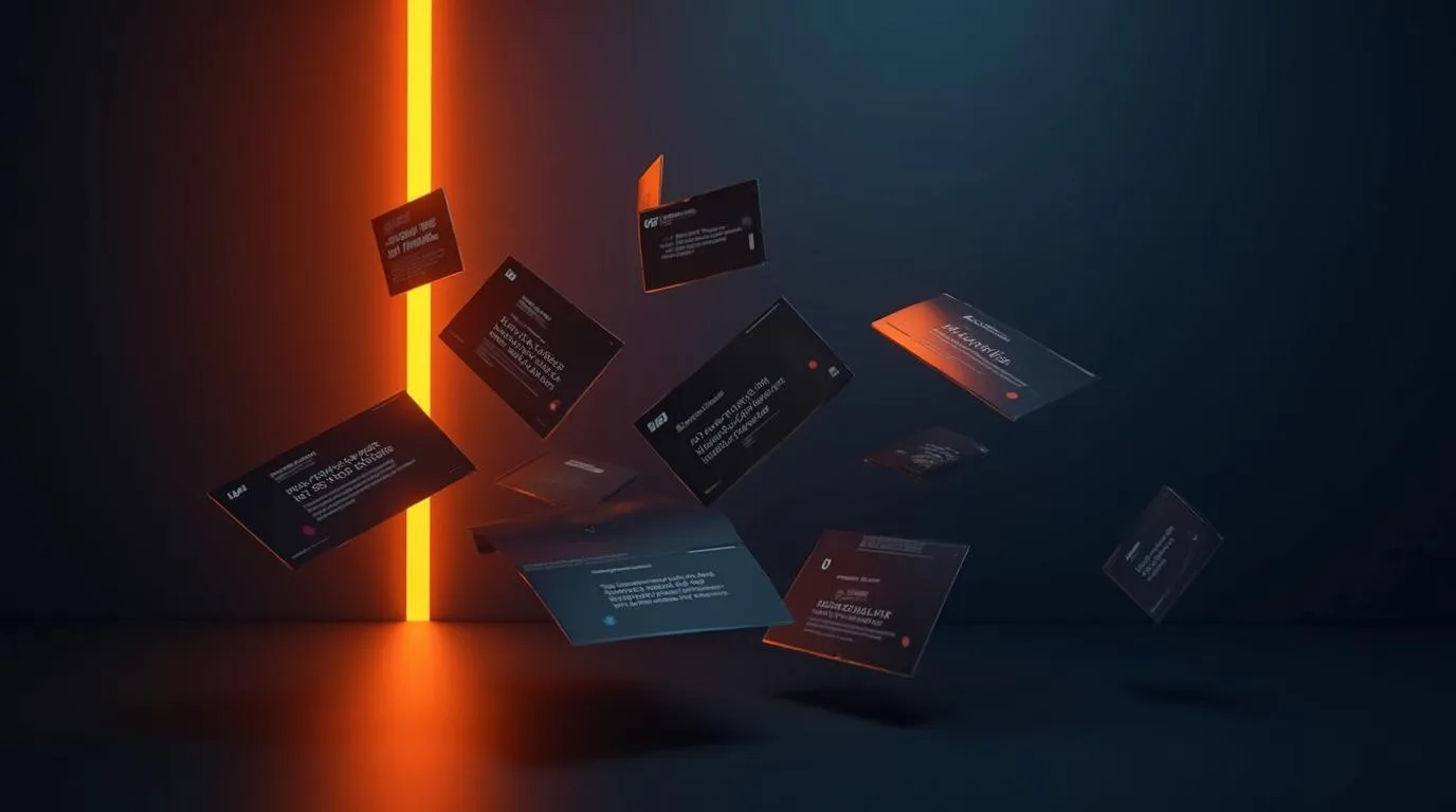Layout editorial moderno com cards de artigo flutuando sobre fundo navy