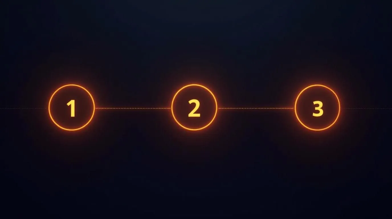 Diagrama abstrato com três etapas numeradas em laranja sobre fundo navy