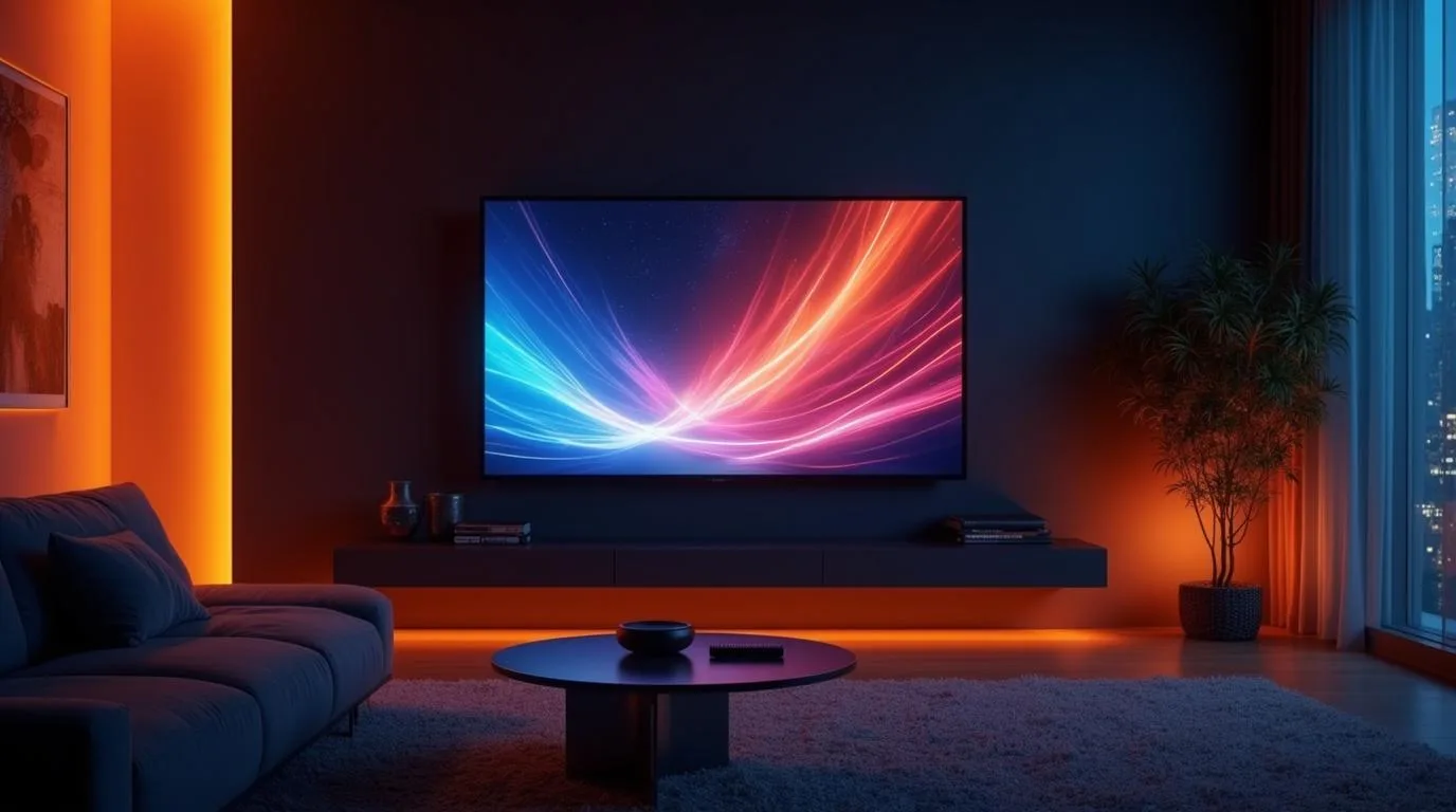 Sala de estar moderna com Smart TV exibindo IPTV MideaPlay em 4K