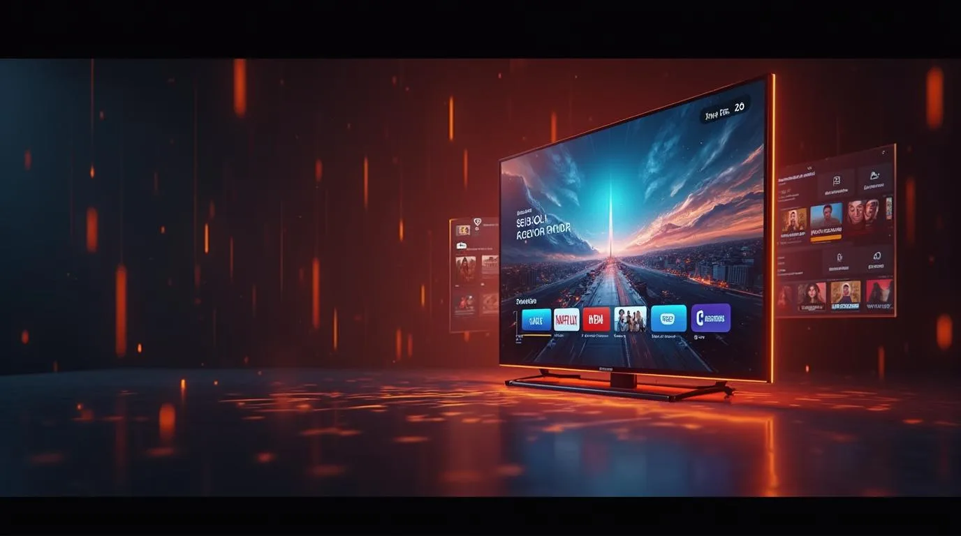 Tela mostrando interface IPTV com qualidade 4K e painéis flutuantes