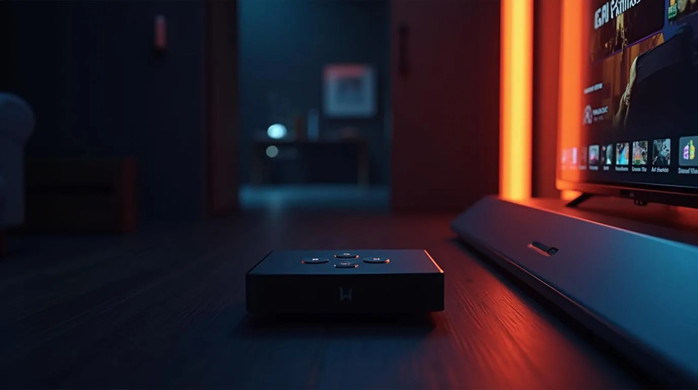 Aparelho streaming player ao lado de TV moderna sobre fundo escuro